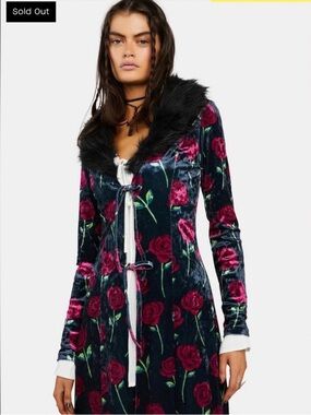 dELiA*s Long Line Duster Cardigan , Velvet Black & Red Roses , XL